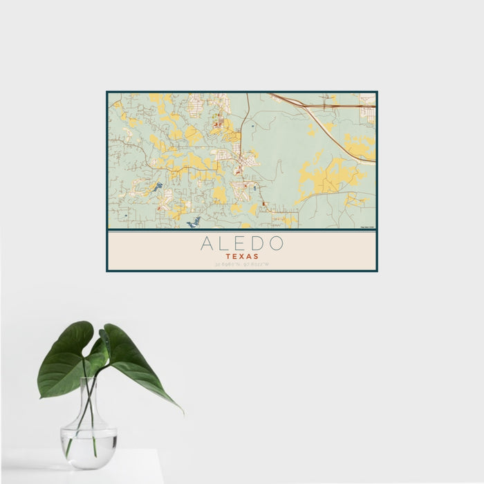 16x24 Aledo Texas Map Print Landscape Orientation in Woodblock Style With Tropical Plant Leaves in Water