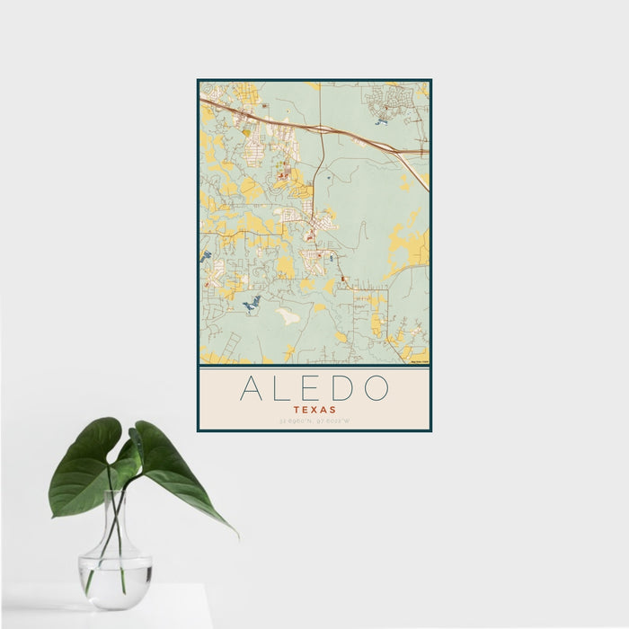16x24 Aledo Texas Map Print Portrait Orientation in Woodblock Style With Tropical Plant Leaves in Water