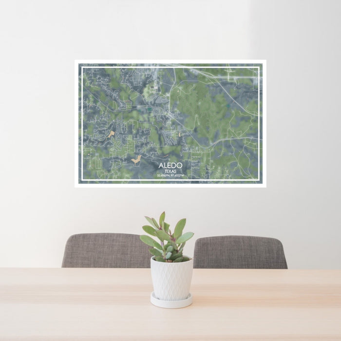 24x36 Aledo Texas Map Print Lanscape Orientation in Afternoon Style Behind 2 Chairs Table and Potted Plant