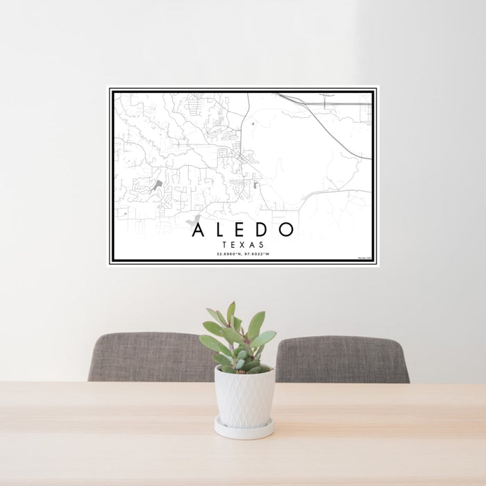 24x36 Aledo Texas Map Print Lanscape Orientation in Classic Style Behind 2 Chairs Table and Potted Plant