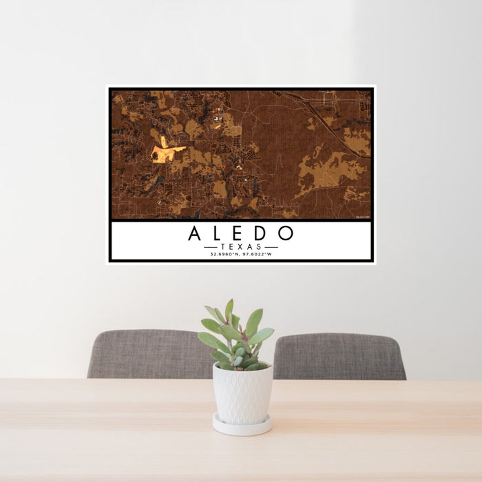 24x36 Aledo Texas Map Print Lanscape Orientation in Ember Style Behind 2 Chairs Table and Potted Plant