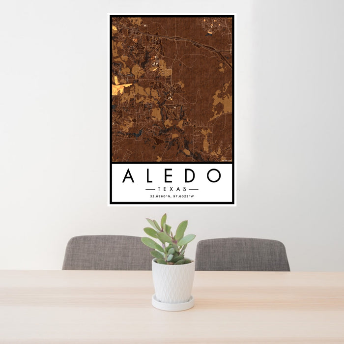 24x36 Aledo Texas Map Print Portrait Orientation in Ember Style Behind 2 Chairs Table and Potted Plant