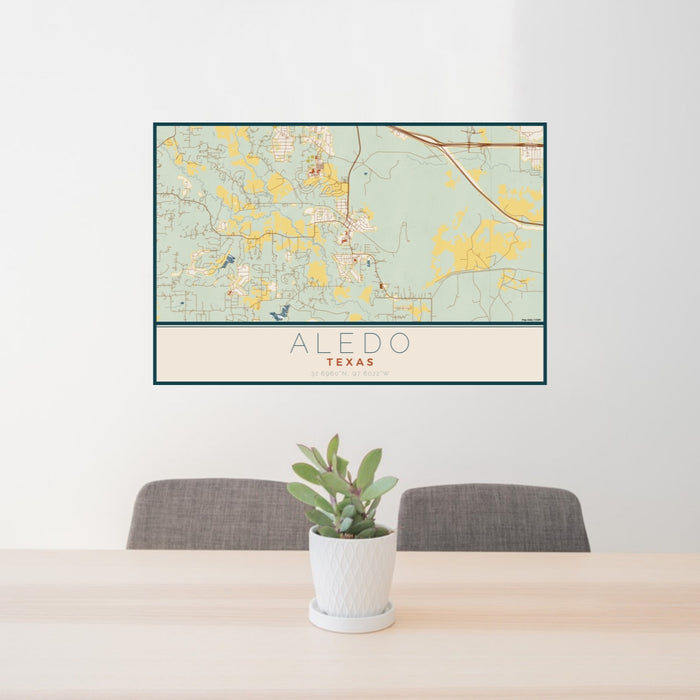 24x36 Aledo Texas Map Print Lanscape Orientation in Woodblock Style Behind 2 Chairs Table and Potted Plant
