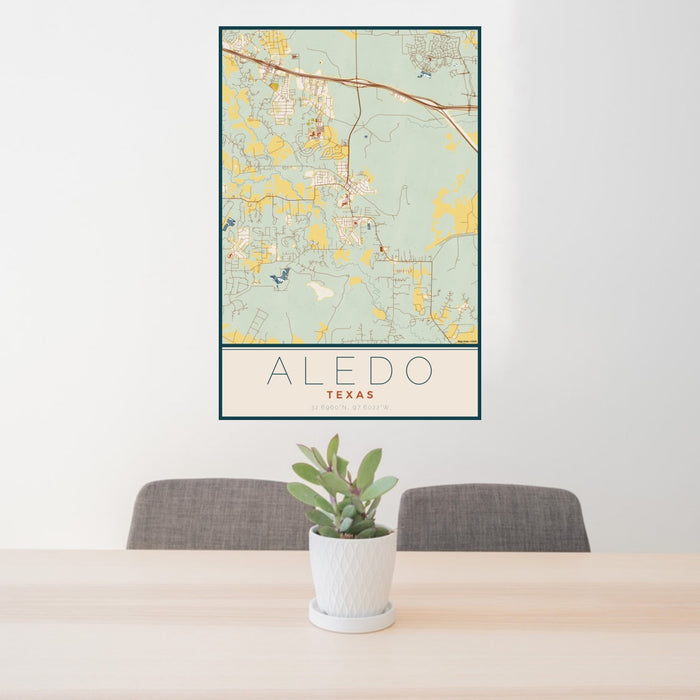 24x36 Aledo Texas Map Print Portrait Orientation in Woodblock Style Behind 2 Chairs Table and Potted Plant