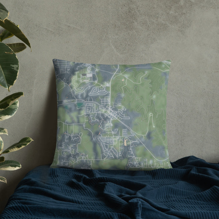 Custom Aledo Texas Map Throw Pillow in Afternoon on Bedding Against Wall