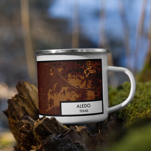 Right View Custom Aledo Texas Map Enamel Mug in Ember on Grass With Trees in Background