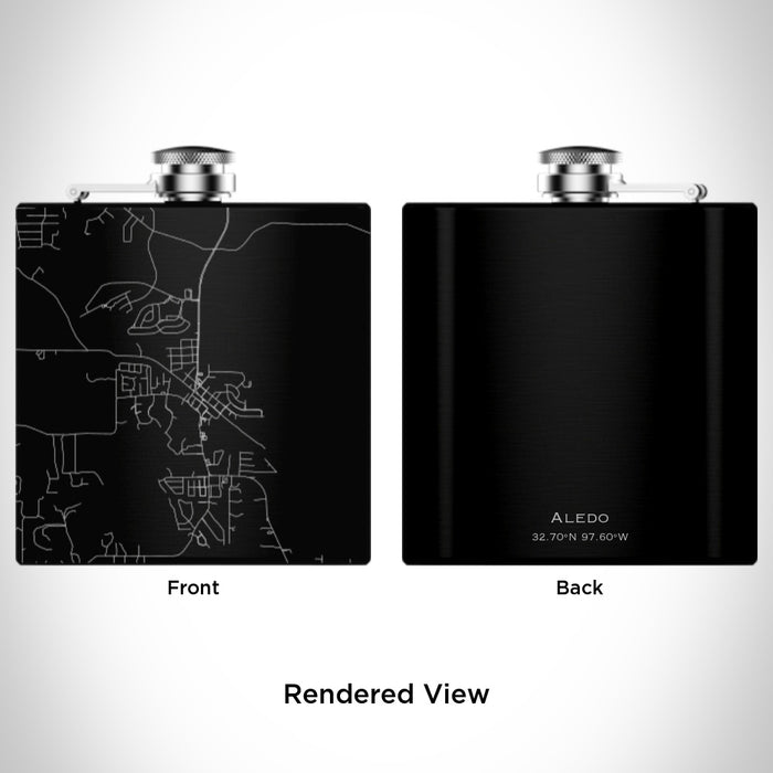 Rendered View of Aledo Texas Map Engraving on 6oz Stainless Steel Flask in Black