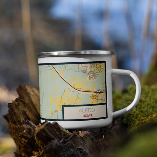 Right View Custom Aledo Texas Map Enamel Mug in Woodblock on Grass With Trees in Background