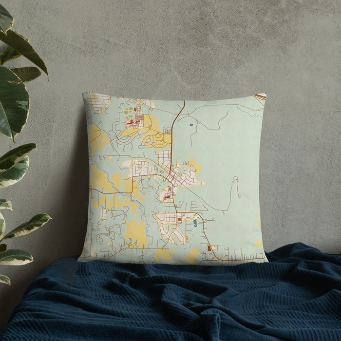 Custom Aledo Texas Map Throw Pillow in Woodblock on Bedding Against Wall