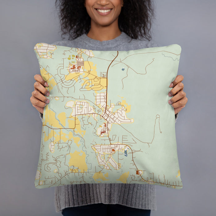 Person holding 18x18 Custom Aledo Texas Map Throw Pillow in Woodblock