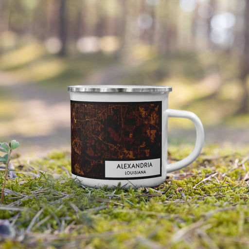 Right View Custom Alexandria Louisiana Map Enamel Mug in Ember on Grass With Trees in Background