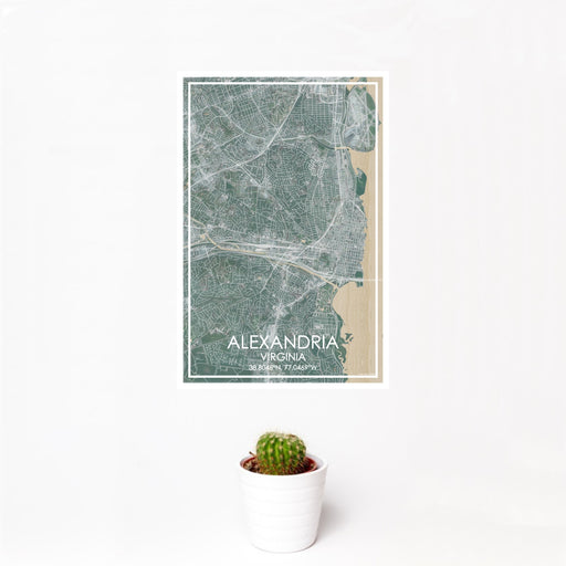 12x18 ALEXANDRIA Virginia Map Print Portrait Orientation in Afternoon Style With Small Cactus Plant in White Planter