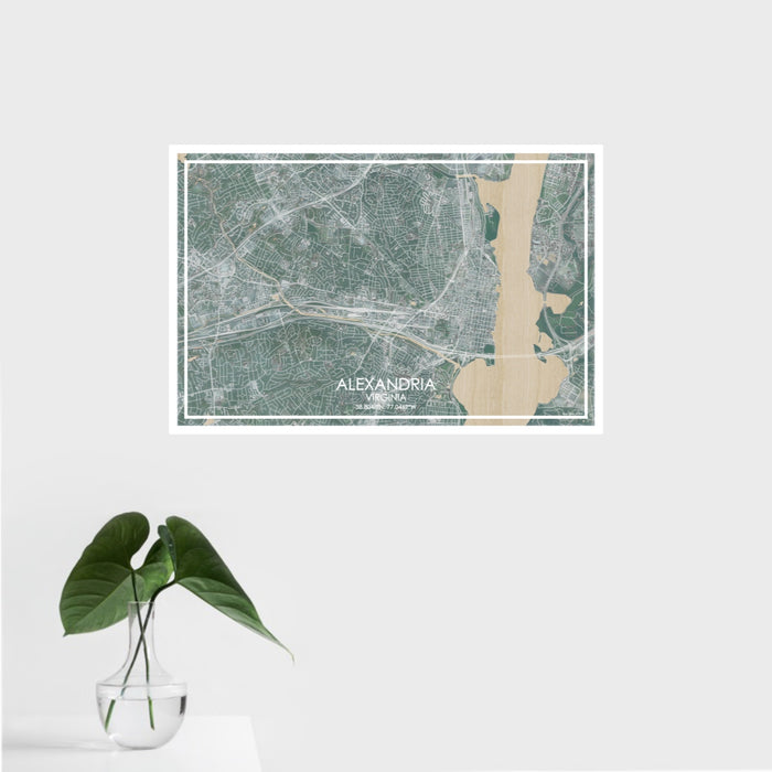 16x24 ALEXANDRIA Virginia Map Print Landscape Orientation in Afternoon Style With Tropical Plant Leaves in Water