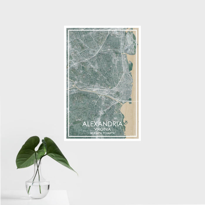 16x24 ALEXANDRIA Virginia Map Print Portrait Orientation in Afternoon Style With Tropical Plant Leaves in Water