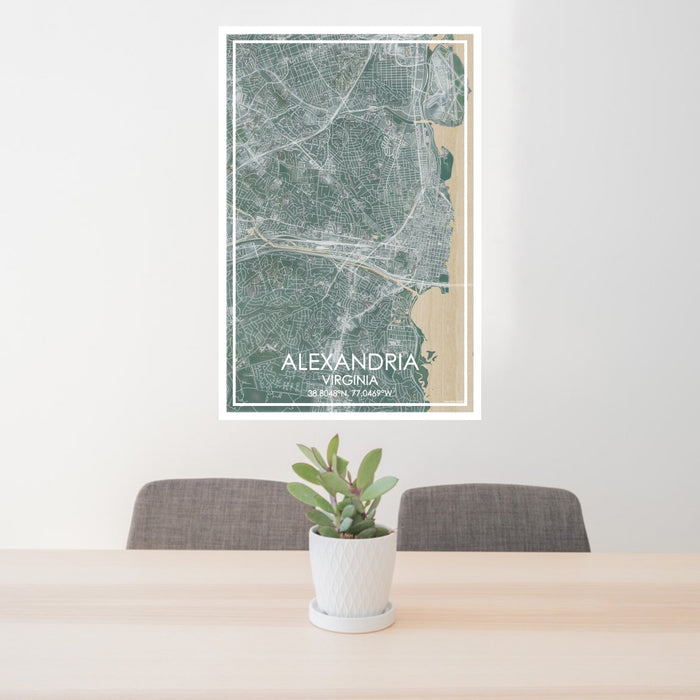 24x36 ALEXANDRIA Virginia Map Print Portrait Orientation in Afternoon Style Behind 2 Chairs Table and Potted Plant