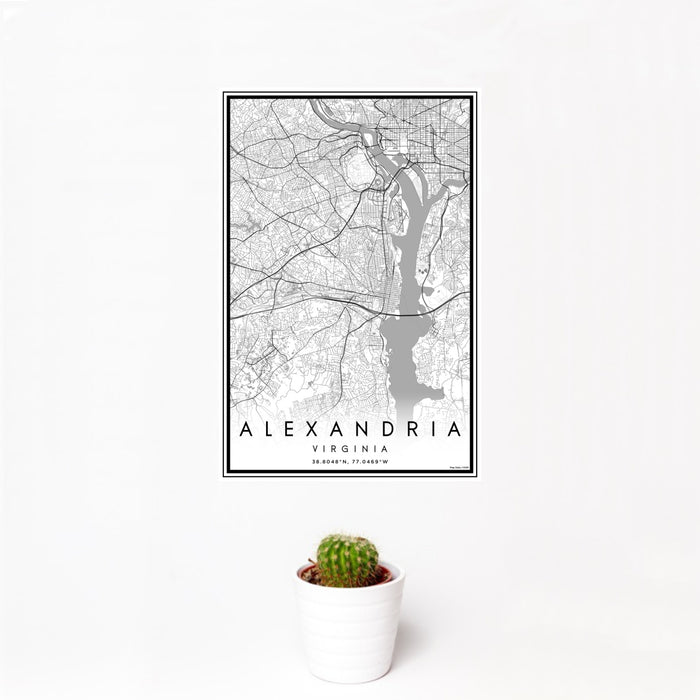 12x18 Alexandria Virginia Map Print Portrait Orientation in Classic Style With Small Cactus Plant in White Planter