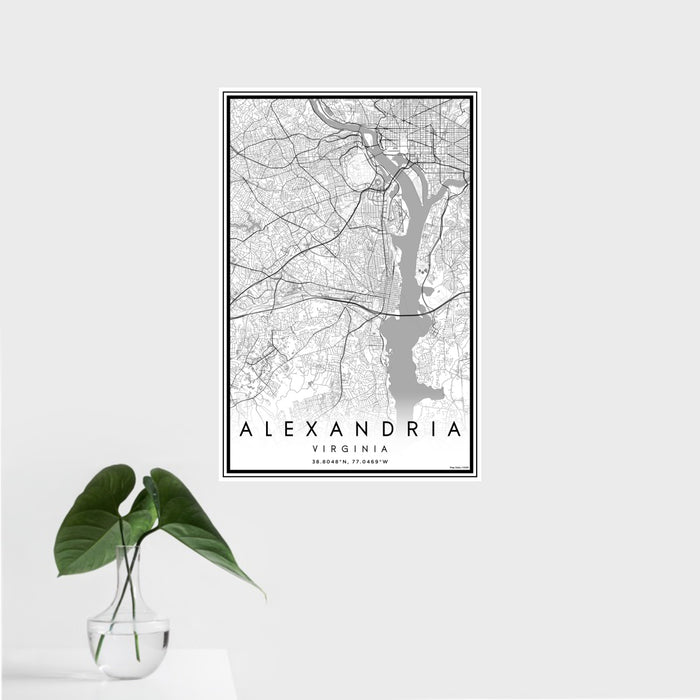 16x24 Alexandria Virginia Map Print Portrait Orientation in Classic Style With Tropical Plant Leaves in Water