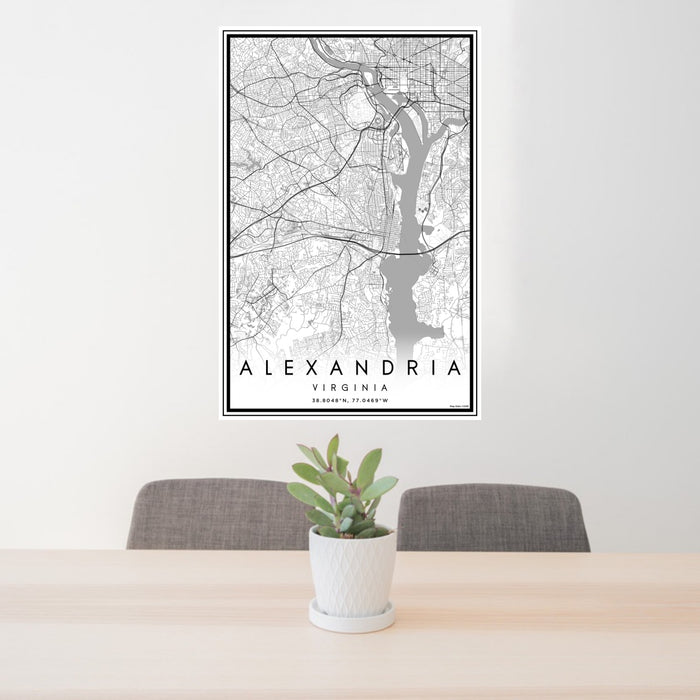 24x36 Alexandria Virginia Map Print Portrait Orientation in Classic Style Behind 2 Chairs Table and Potted Plant