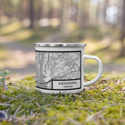 Right View Custom Alexandria Virginia Map Enamel Mug in Classic on Grass With Trees in Background