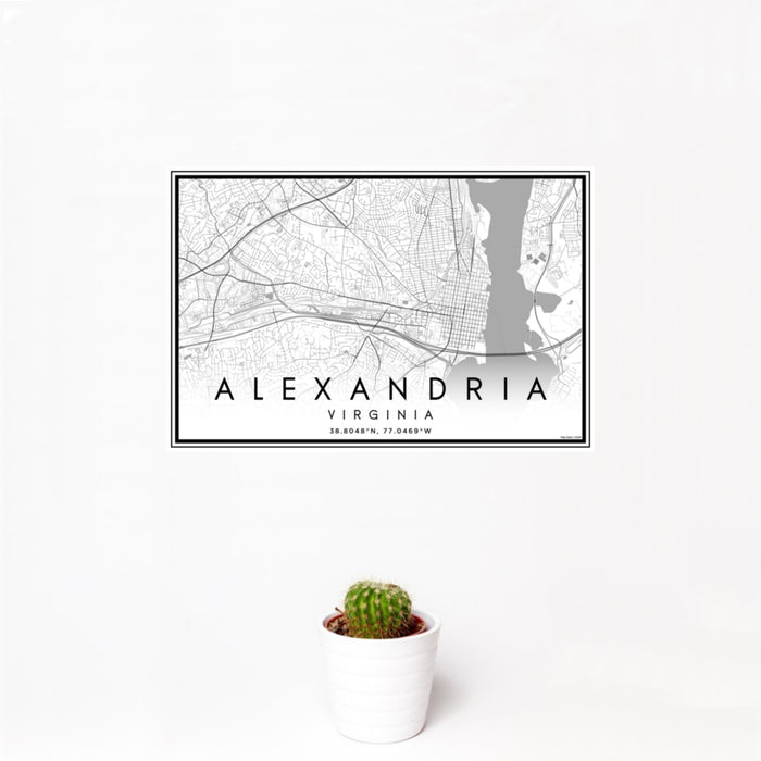 12x18 Alexandria Virginia Map Print Landscape Orientation in Classic Style With Small Cactus Plant in White Planter