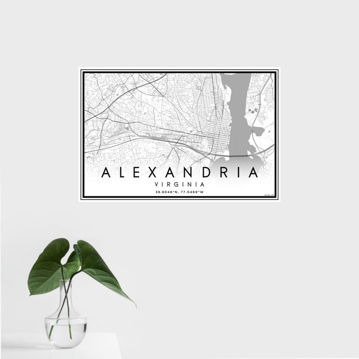 16x24 Alexandria Virginia Map Print Landscape Orientation in Classic Style With Tropical Plant Leaves in Water