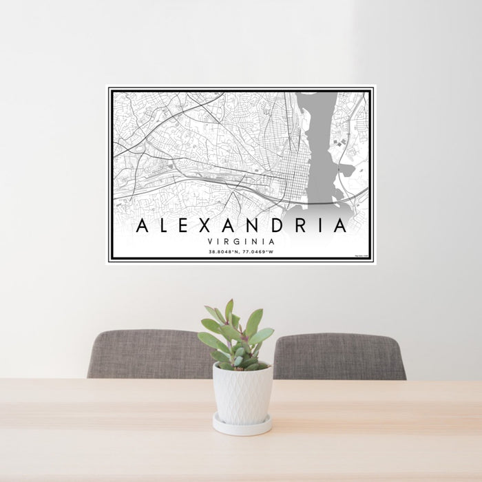 24x36 Alexandria Virginia Map Print Landscape Orientation in Classic Style Behind 2 Chairs Table and Potted Plant
