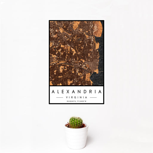 12x18 Alexandria Virginia Map Print Portrait Orientation in Ember Style With Small Cactus Plant in White Planter