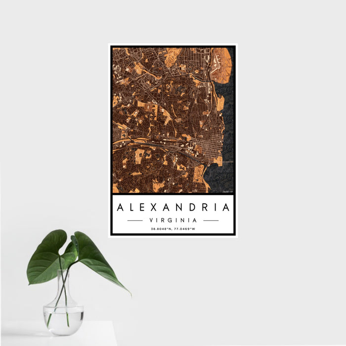 16x24 Alexandria Virginia Map Print Portrait Orientation in Ember Style With Tropical Plant Leaves in Water
