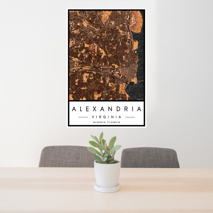 24x36 Alexandria Virginia Map Print Portrait Orientation in Ember Style Behind 2 Chairs Table and Potted Plant
