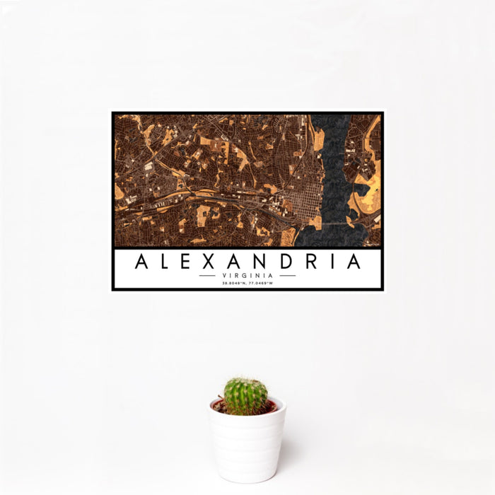 12x18 Alexandria Virginia Map Print Landscape Orientation in Ember Style With Small Cactus Plant in White Planter