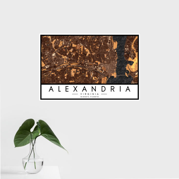 16x24 Alexandria Virginia Map Print Landscape Orientation in Ember Style With Tropical Plant Leaves in Water