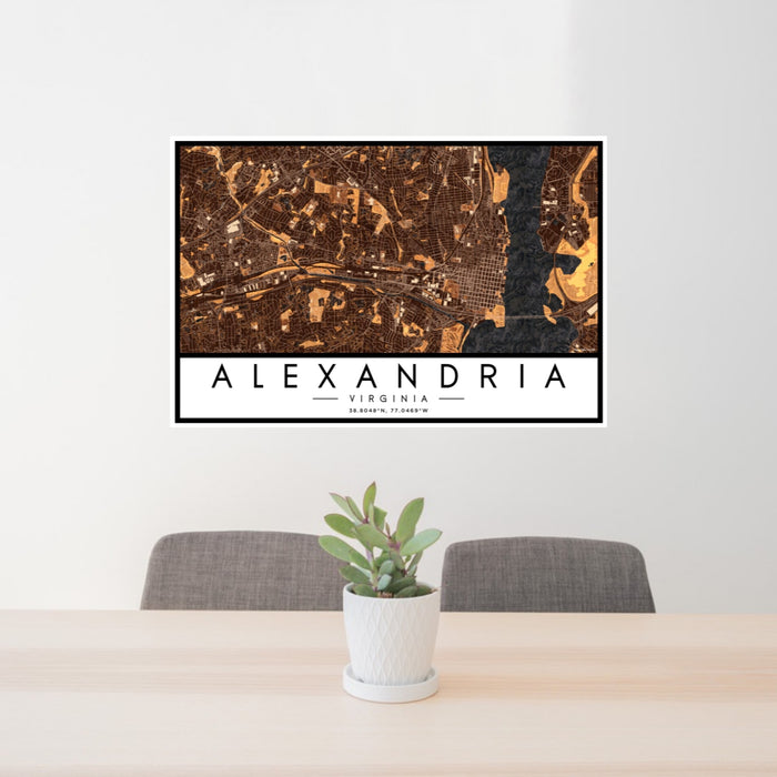 24x36 Alexandria Virginia Map Print Landscape Orientation in Ember Style Behind 2 Chairs Table and Potted Plant