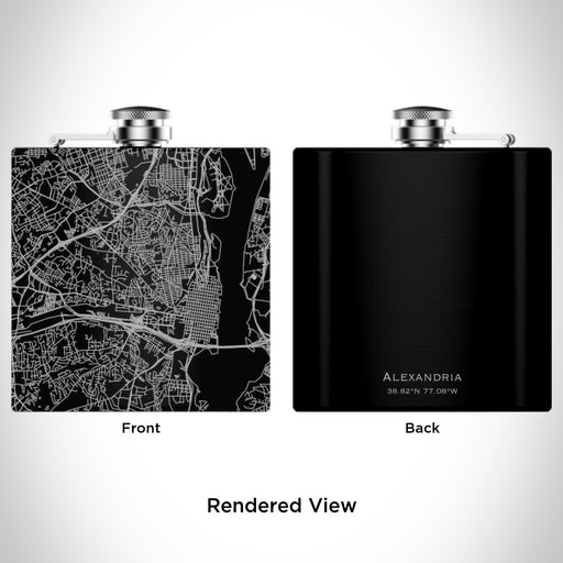 Rendered View of Alexandria Virginia Map Engraving on 6oz Stainless Steel Flask in Black