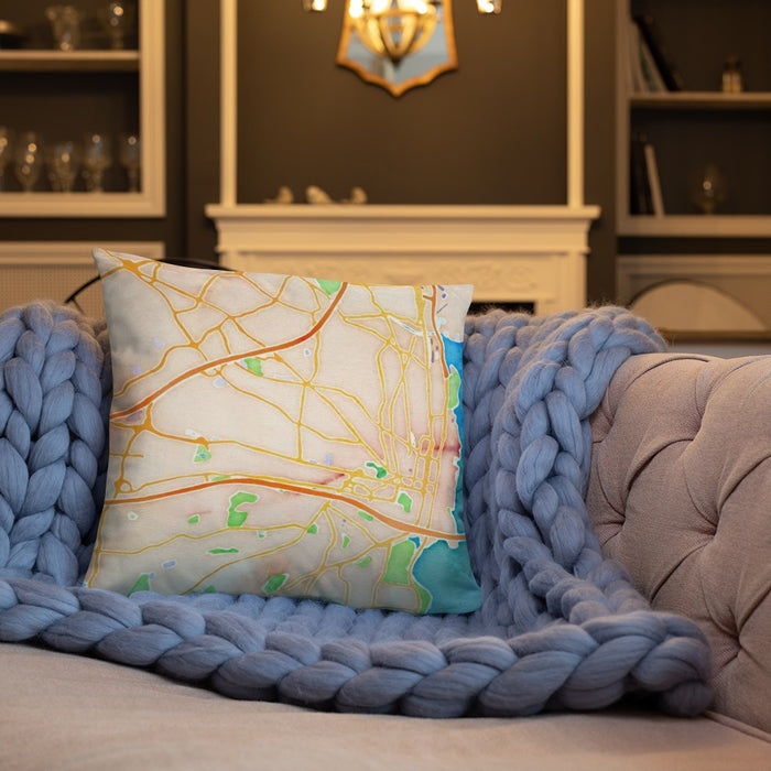 Custom Alexandria Virginia Map Throw Pillow in Watercolor on Cream Colored Couch
