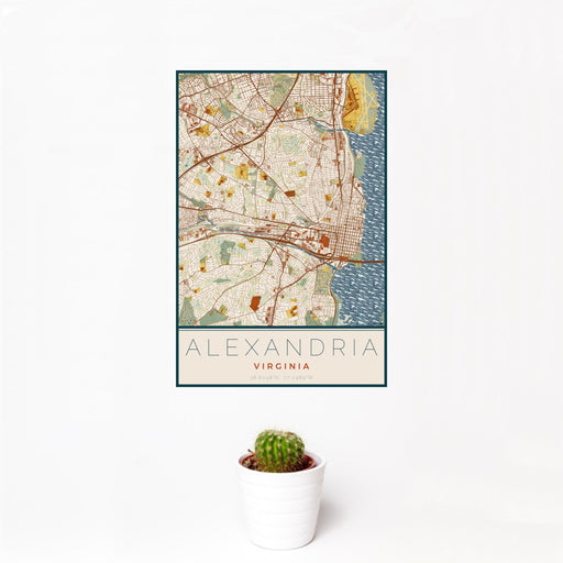 12x18 Alexandria Virginia Map Print Portrait Orientation in Woodblock Style With Small Cactus Plant in White Planter