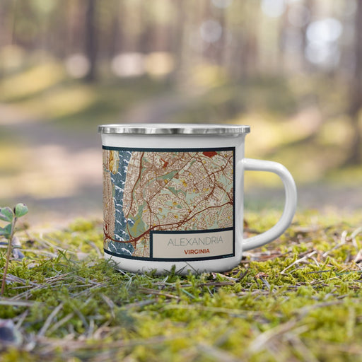 Right View Custom Alexandria Virginia Map Enamel Mug in Woodblock on Grass With Trees in Background