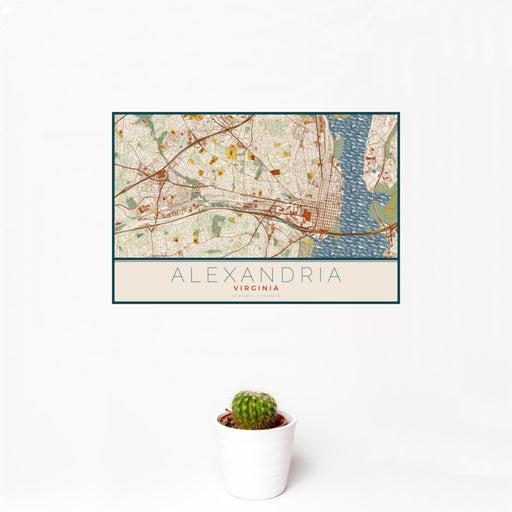 12x18 Alexandria Virginia Map Print Landscape Orientation in Woodblock Style With Small Cactus Plant in White Planter