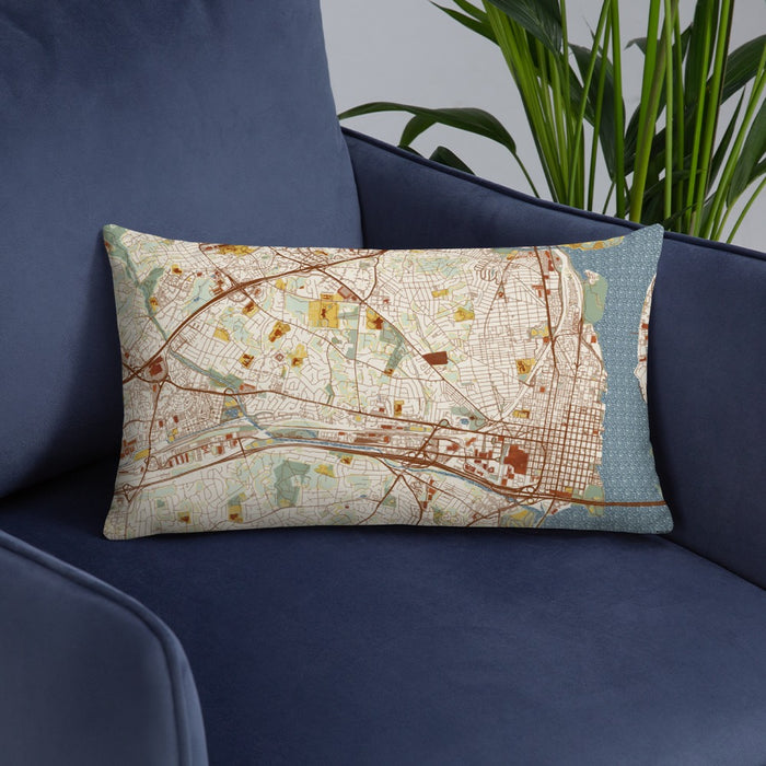 Custom Alexandria Virginia Map Throw Pillow in Woodblock on Blue Colored Chair