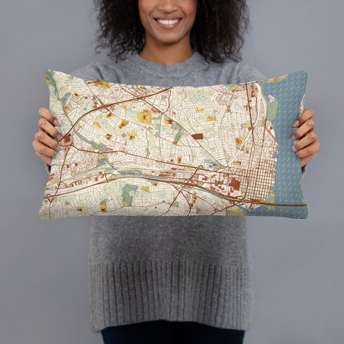 Person holding 20x12 Custom Alexandria Virginia Map Throw Pillow in Woodblock