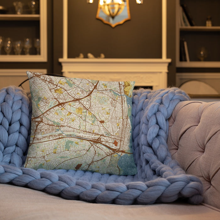 Custom Alexandria Virginia Map Throw Pillow in Woodblock on Cream Colored Couch