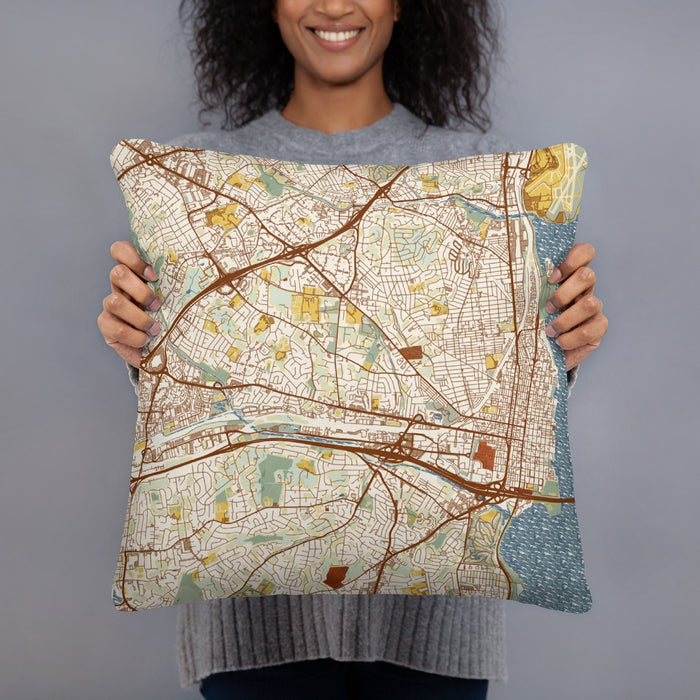 Person holding 18x18 Custom Alexandria Virginia Map Throw Pillow in Woodblock