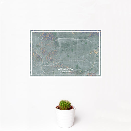 12x18 Alhambra California Map Print Landscape Orientation in Afternoon Style With Small Cactus Plant in White Planter