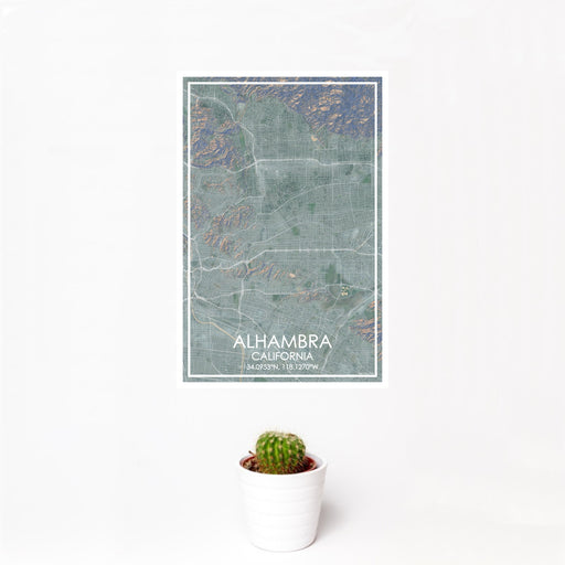12x18 Alhambra California Map Print Portrait Orientation in Afternoon Style With Small Cactus Plant in White Planter