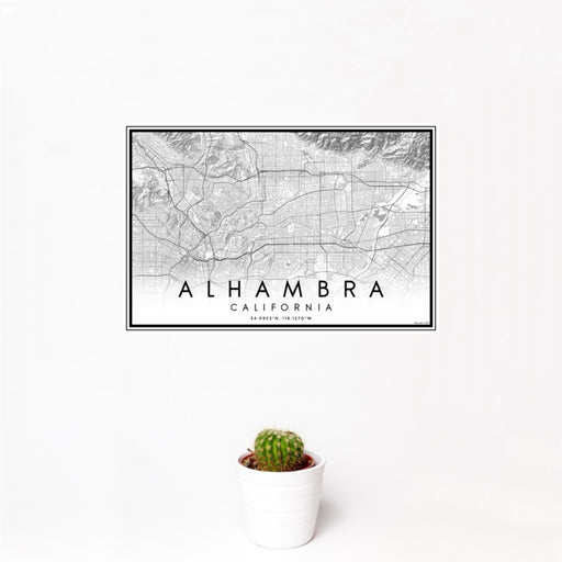 12x18 Alhambra California Map Print Landscape Orientation in Classic Style With Small Cactus Plant in White Planter