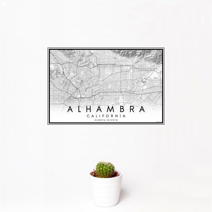 12x18 Alhambra California Map Print Landscape Orientation in Classic Style With Small Cactus Plant in White Planter