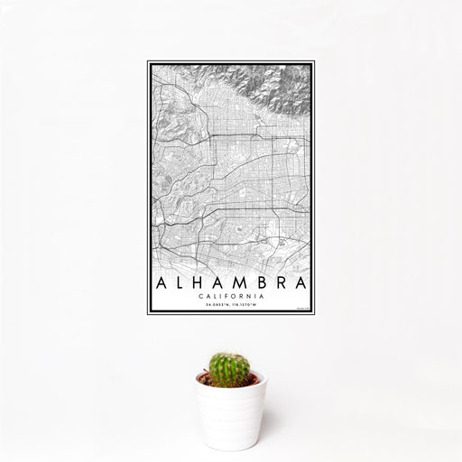 12x18 Alhambra California Map Print Portrait Orientation in Classic Style With Small Cactus Plant in White Planter