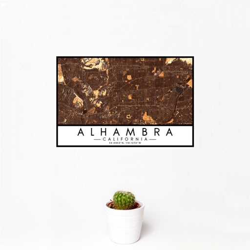 12x18 Alhambra California Map Print Landscape Orientation in Ember Style With Small Cactus Plant in White Planter