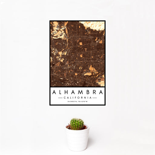 12x18 Alhambra California Map Print Portrait Orientation in Ember Style With Small Cactus Plant in White Planter