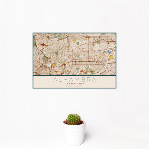 12x18 Alhambra California Map Print Landscape Orientation in Woodblock Style With Small Cactus Plant in White Planter