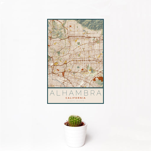 12x18 Alhambra California Map Print Portrait Orientation in Woodblock Style With Small Cactus Plant in White Planter